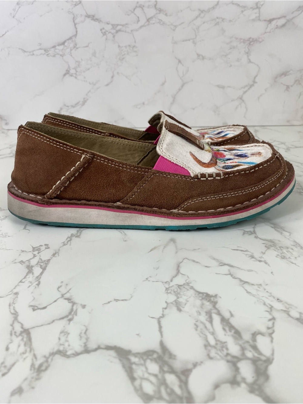 Ariat Brown, Pink & White Floral Bull Skull Slip-On Moccasins - Picture 6 of 8